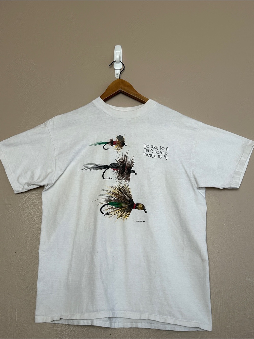 Vintage 90’s Oneita Single Stitch Fly Fishing Lures Design T-Shirt. Made in USA.